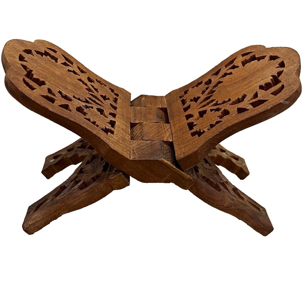 Hand Carved Wood Foldable Book Stand Display Holder, Rehal Style, Brown, India
